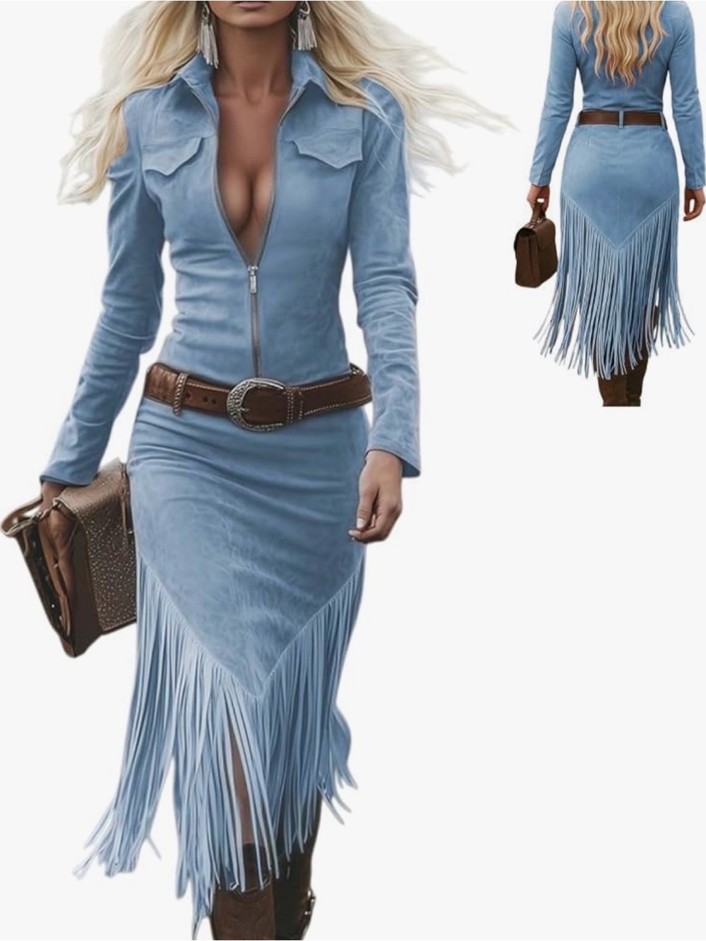 NEW Women's Light Blue Fringe Suede Dress with Zip Front-XL Only